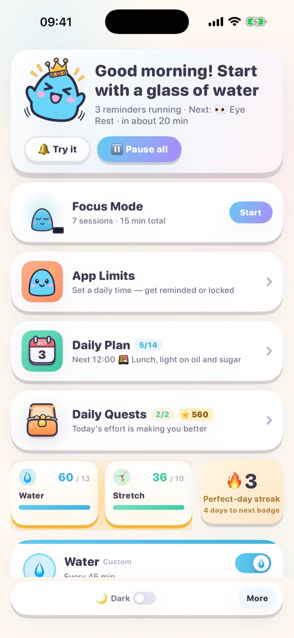 Toon Reminder home screen with Blobby and today's reminders